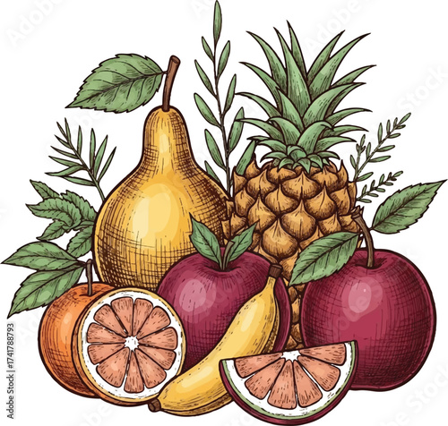 vegetables basket decoration featuring fresh orange pumpkin, yellow pineapple, and green apple leaves