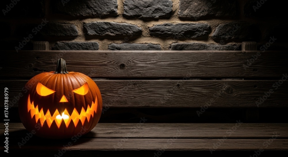 Obraz premium A carved, glowing jack-o'-lantern sits on a weathered wooden bench in front of a brick wall, casting eerie shadows