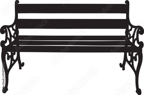 Black silhouette of an ornate park bench on white background