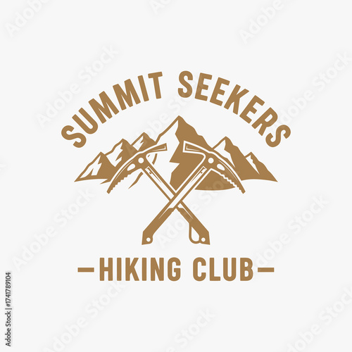Vintage logo for the Summit Seekers Hiking Club featuring crossed ice axes over a mountain range.