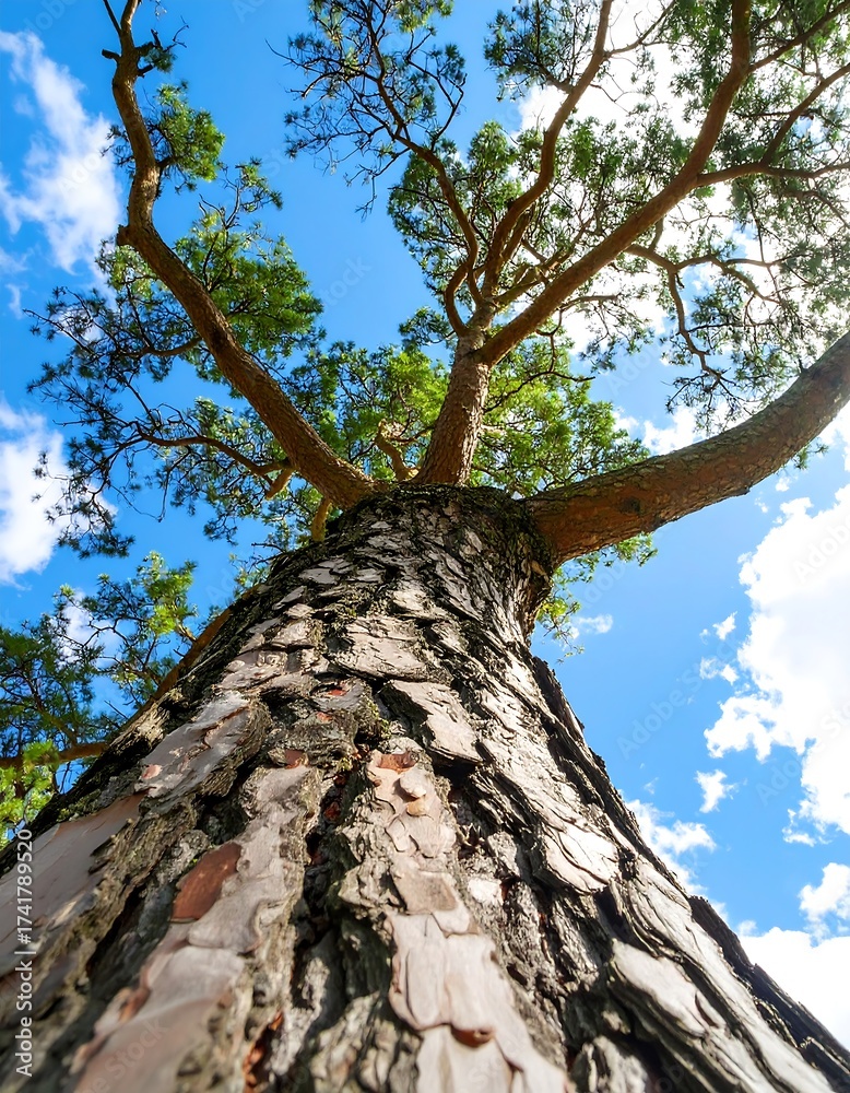 Naklejka premium Pine tree reaching towards a bright sky