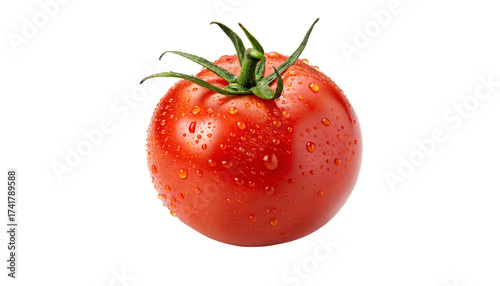 Fresh ripe red tomato covered in water droplets isolated