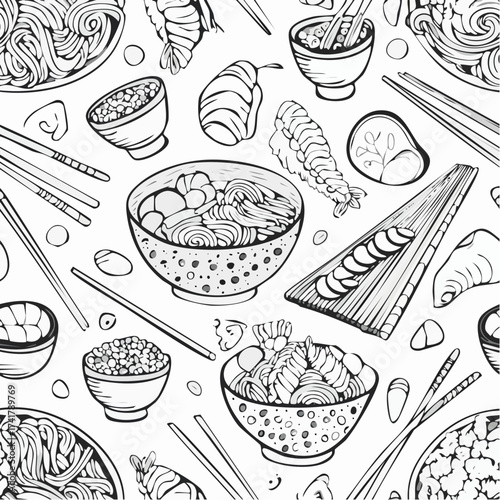Detailed doodle of Japanese cuisine seamless pattern including ramen, udon, sushi, chopstick, tempura, rice and the other cuisine. 