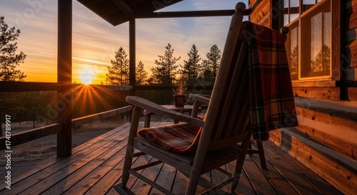 Wallpaper Mural Cozy cabin porch view; a rocking chair, blanket, and morning sunbeams paint the scene Torontodigital.ca