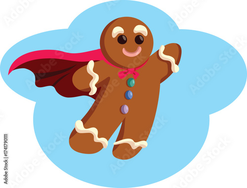 Superhero Gingerbread Man with Cape Flying Vector Character. Cheerful traditional dessert character mascot announcing Christmas  
