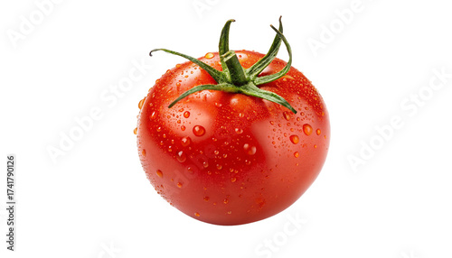 Fresh ripe red tomato with water droplets isolated on black studio background