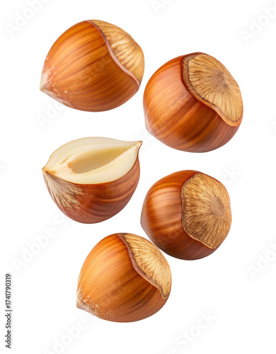 Close-up high-quality image of five fresh hazelnuts scattered isolated