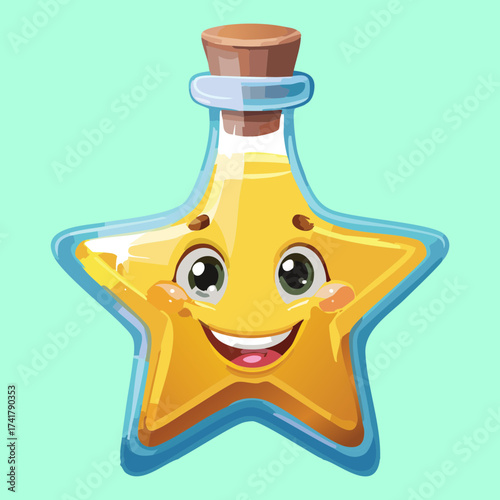 Whimsical Cartoon Star-Shaped Potion Bottle with a Cork Stopper and Happy Face on a Light Blue and Green Background Isolated Vector