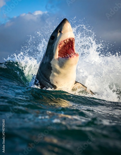Great white bursts from the wave