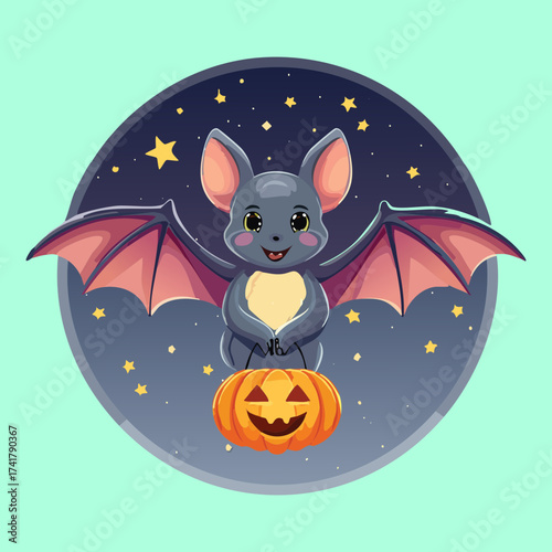 Illustration of a cute, friendly cartoon bat with large wings, holding a glowing carved jack-o'-lantern pumpkin on a dark blue and green circular background