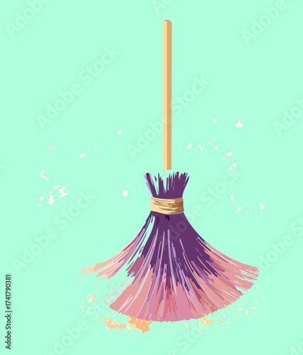  Illustration of a detailed witch's broom with dark purple bristles, suspended in the air with magical glowing dust particles gently floating around the handle