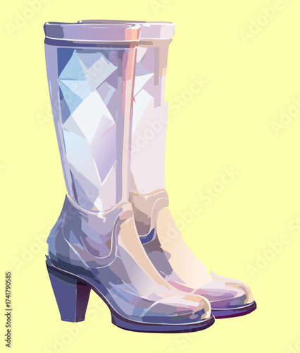 Illustration of abstract, light-colored transparent boots featuring geometric facets and a crystalline structure, representing a modern, ethereal, or futuristic design