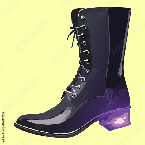 Illustration of a classic, sleek pair of black leather combat boots with laces and a sturdy sole, representing durable utility and casual modern fashion