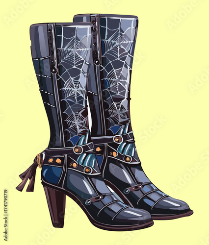 Illustration of tall, lace-up black combat boots featuring a unique star and geometric pattern across the leather surface, perfect for dark, alternative style