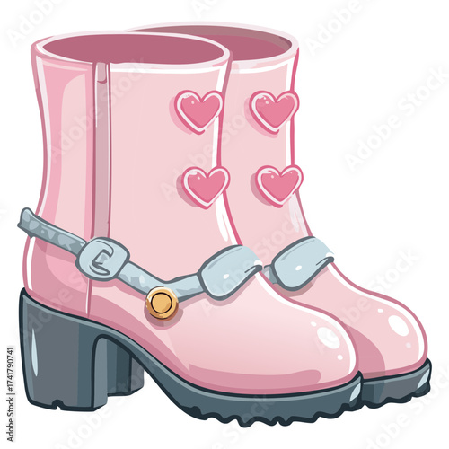  Illustration of adorable pastel pink rubber boots with heart patterns, silver buckles, and a small decorative spur for a whimsical, playful fashion statement

