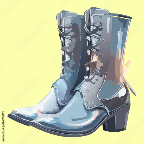 Light blue and grey stylish high-laced fantasy boots with intricate designs, a beautiful magical wardrobe essential for a wizard