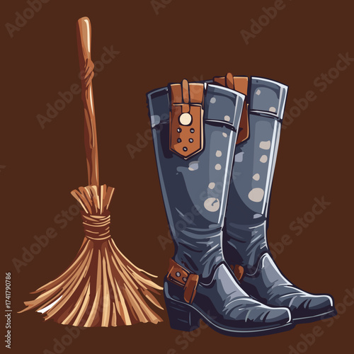 Pair of dark grey and brown combat boots with a broomstick leaning on them, featuring metal buckles and sturdy design