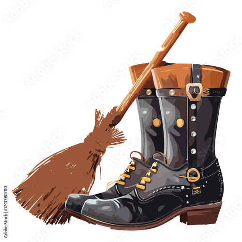 Witch's outfit featuring a single black boot with gold accents, a leather belt, and a magical broom lying nearby for travel