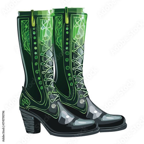 Close-up of magical emerald green fantasy boots with elaborate golden patterns, perfect for a fairy tale sorceress or elven queen