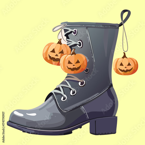 Single Black Lace-Up Boot with Decorative Chains and Three Dangling Jack-o'-Lantern Pumpkins Ready for Trick-or-Treating Vector Graphic