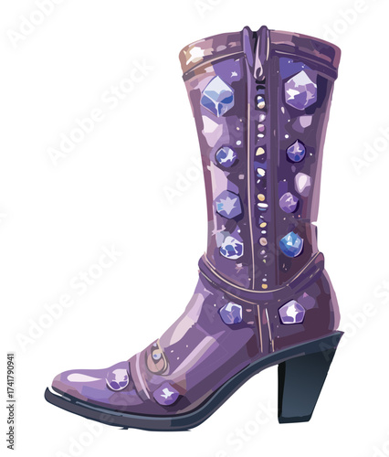 High-Heeled Cartoon Black Boots Bedazzled with Shiny Purple Jewels and Rhinestones for a Glamorous Witchy Look Vector Graphic