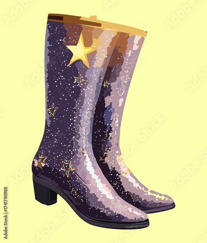 Magical sparkling purple rain boots with a celestial star pattern perfect for a whimsical and enchanting theme