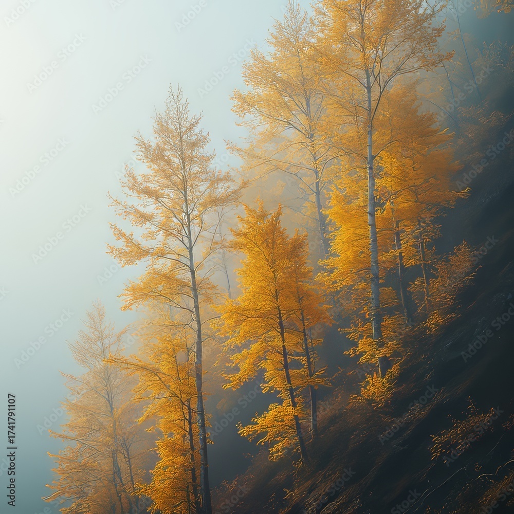 Fototapeta premium Autumn Trees in Foggy Landscape