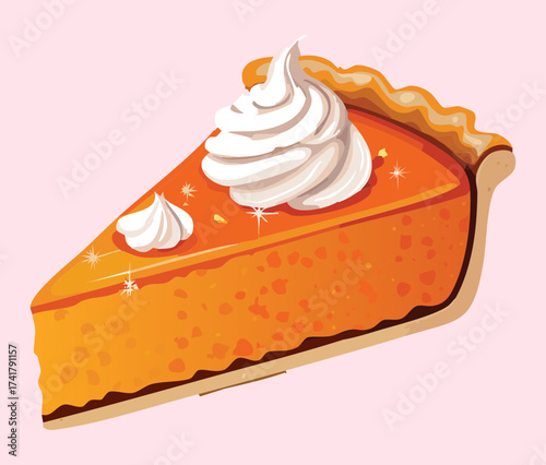 Delicious slice of pumpkin pie topped with a generous swirl of white whipped cream, a classic dessert