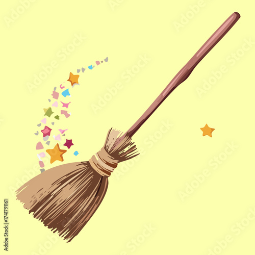 Classic witch's broomstick with straw bristles flying across a background sprinkled with magical stars and dust