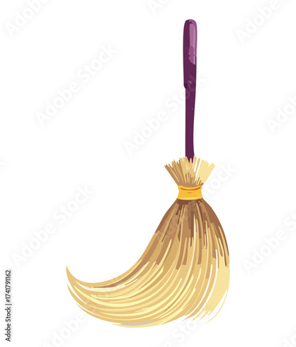 Simple witch's broom with natural straw bristles and a wooden handle hanging vertically, ready for action