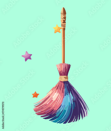 Classic witch's broomstick with rainbow bristles and a wooden handle, ready for a magical Halloween flight