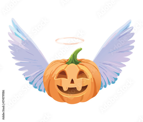 Cheerful jack-o'-lantern with angel wings hovering peacefully against a light blue background on Halloween night