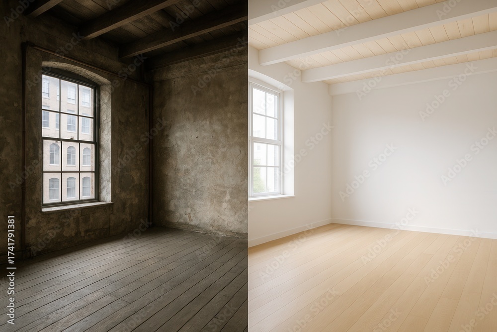 Fototapeta premium Empty loft before and after minimal renovation reveal with bright natural light