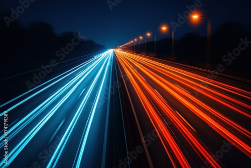Night highway motion blur with vivid light trails conveying extreme speed and energy