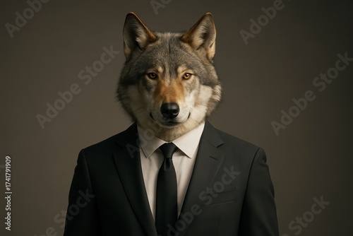 Confident executive with stylized wolf head concept of instinct drive and leadership power