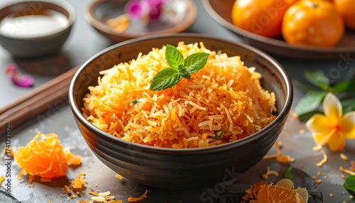 Delicious bowl of rice with fresh mint, healthy and vibrant food photography