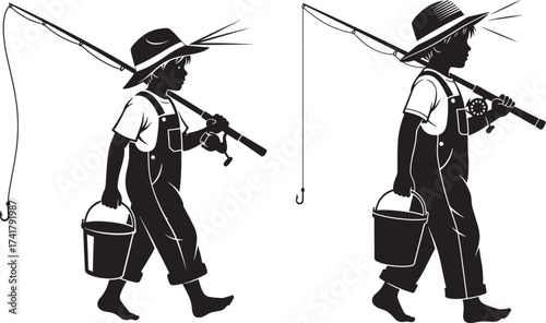 Vector art of silhouette of a young boy with fishing rod, walking to the river to fish