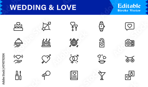 Wedding and Love line icon set featuring editable, pixel-perfect icons. Includes professional, minimal, and modern designs capturing romance and celebration themes.
