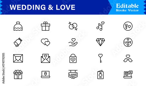 Wedding and Love line icon set featuring editable, pixel-perfect icons. Includes professional, minimal, and modern designs capturing romance and celebration themes.