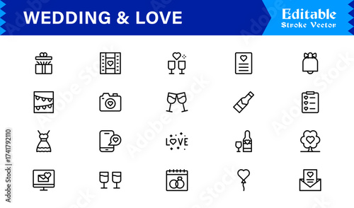 Wedding and Love line icon set featuring editable, pixel-perfect icons. Includes professional, minimal, and modern designs capturing romance and celebration themes.