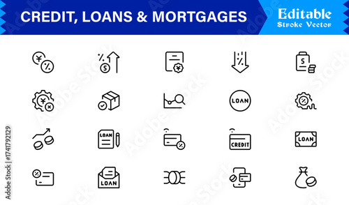 Credit, Loans and Mortgages Line Icon Set Featuring Loans Mortgages Modern Minimal Style with Unique Financial Symbols for Business and Banking Concepts