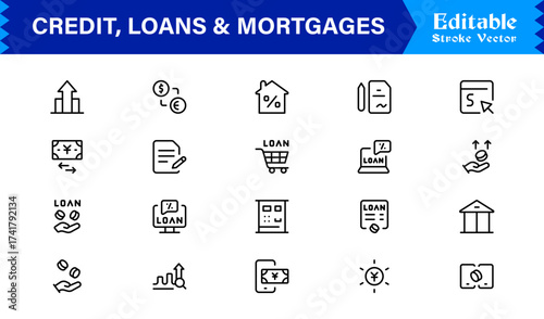 Credit, Loans and Mortgages Line Icon Set Featuring Loans Mortgages Modern Minimal Style with Unique Financial Symbols for Business and Banking Concepts