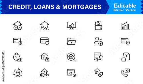 Credit, Loans and Mortgages Line Icon Set Featuring Loans Mortgages Modern Minimal Style with Unique Financial Symbols for Business and Banking Concepts