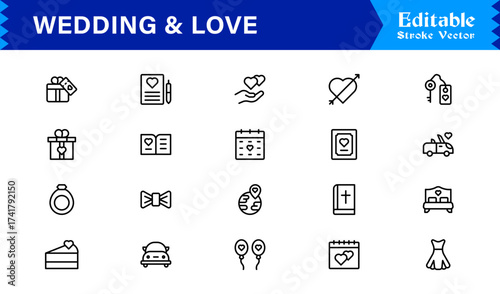 Wedding and Love line icon set featuring editable, pixel-perfect icons. Includes professional, minimal, and modern designs capturing romance and celebration themes.