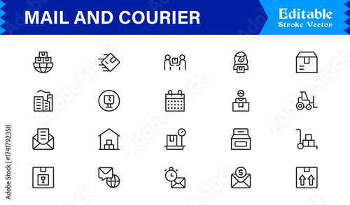 Mail and courier essentials unique line icon collection showcasing clean, pixel-perfect, and scalable line icons tailored for modern postal and logistics concepts.