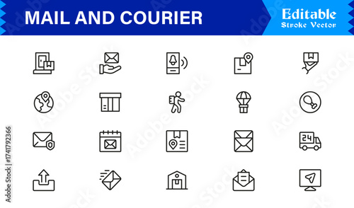 Mail and courier essentials unique line icon collection showcasing clean, pixel-perfect, and scalable line icons tailored for modern postal and logistics concepts.