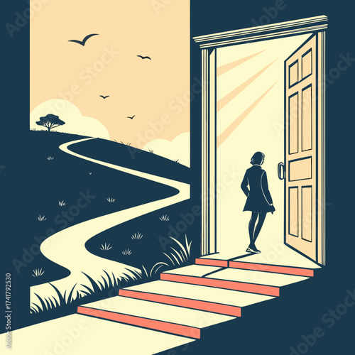 Woman entering doorway to winding path with birds flying in the sky at sunset