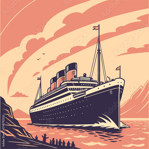 Vintage ocean liner cruise ship at sea in retro art deco style