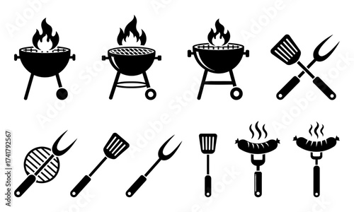 Black and white vector illustration of barbecue grills and grilling utensils set
