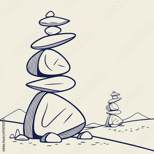 Stone stacking art on beige background, zen and balance, minimalist design